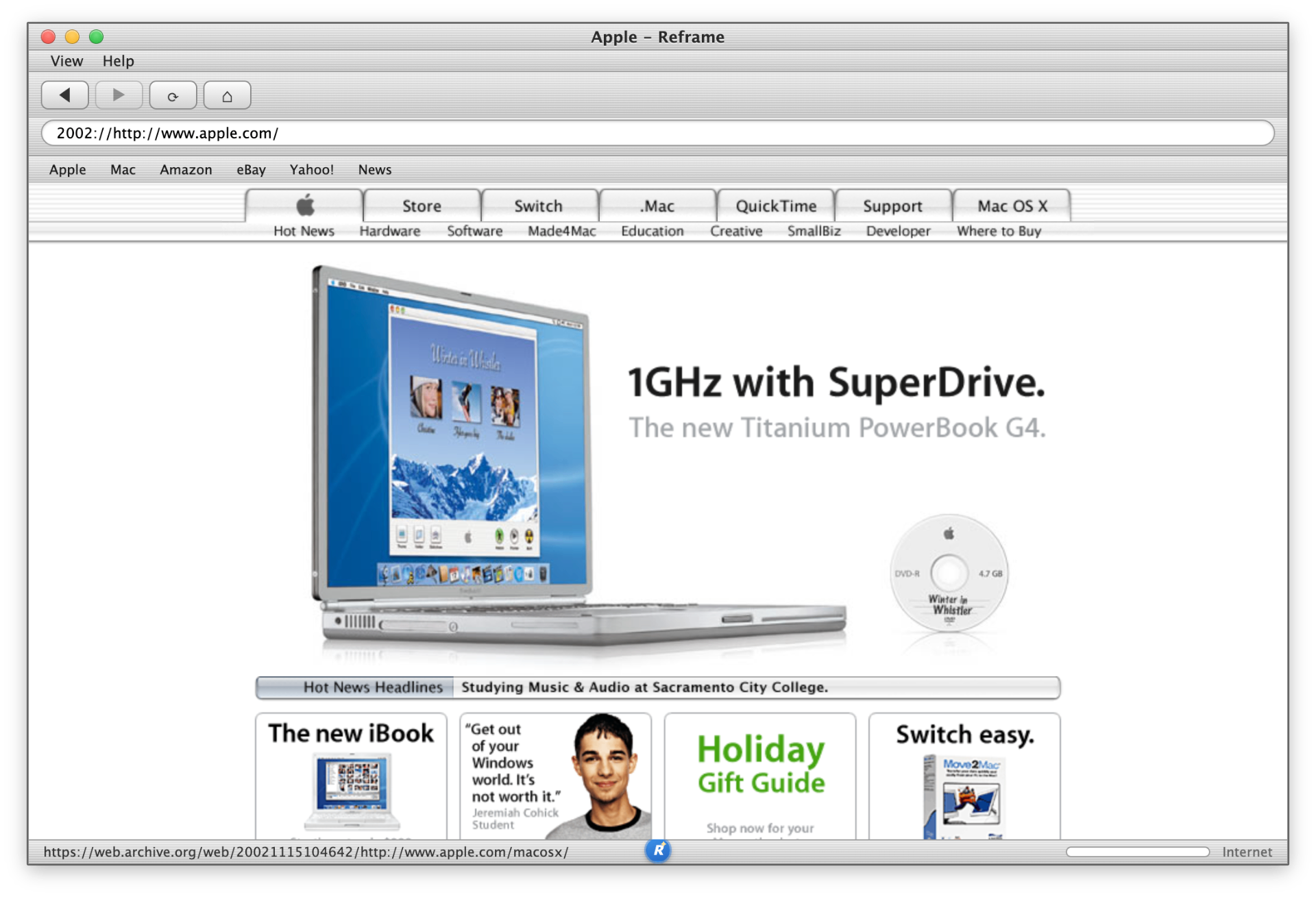 Reframe browser with Safari 1.0 brushed-metal theme