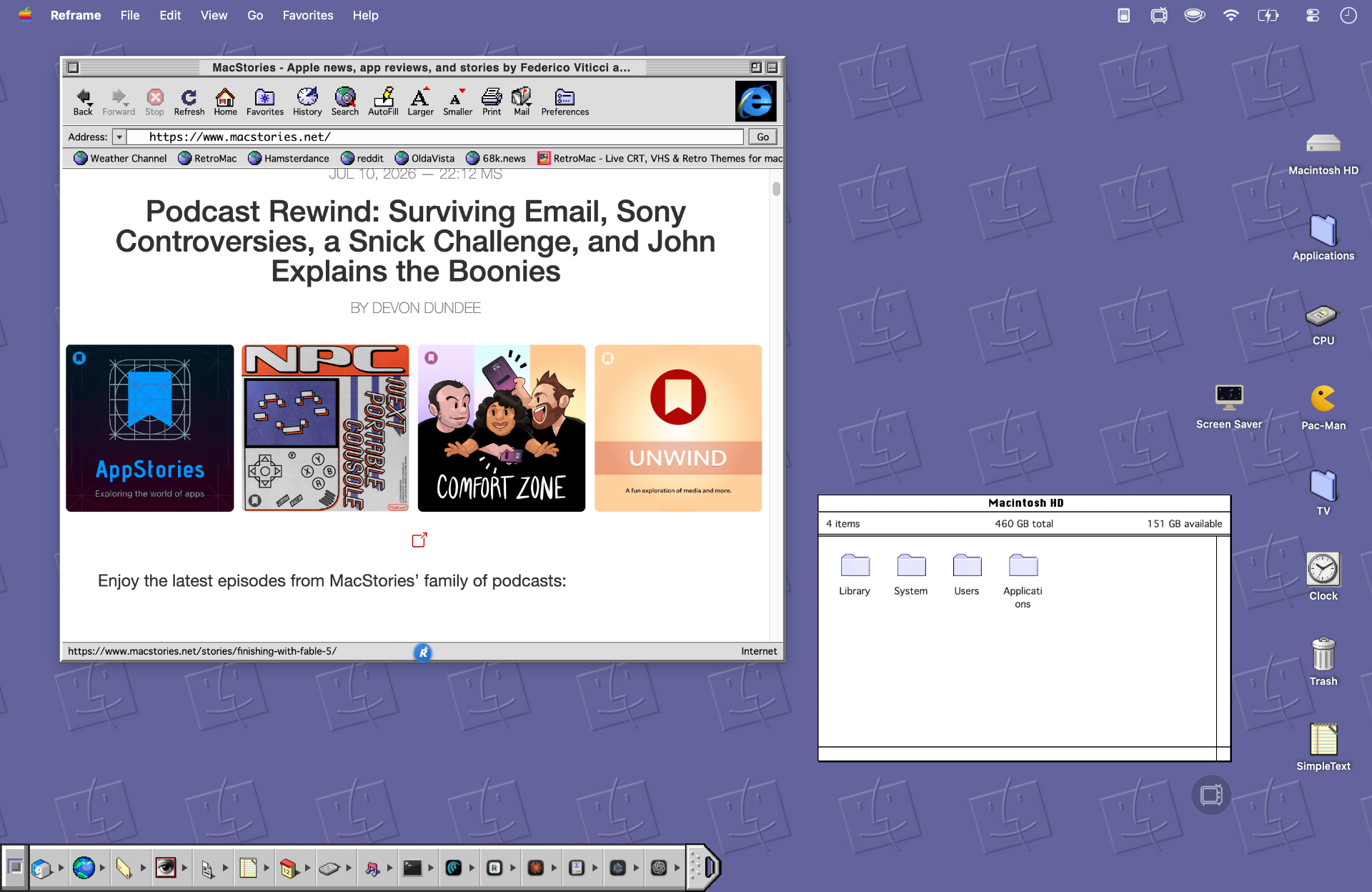 Classic Mac System 9 desktop theme on macOS, including the Mac OS 9.2 Control Strip and platinum chrome