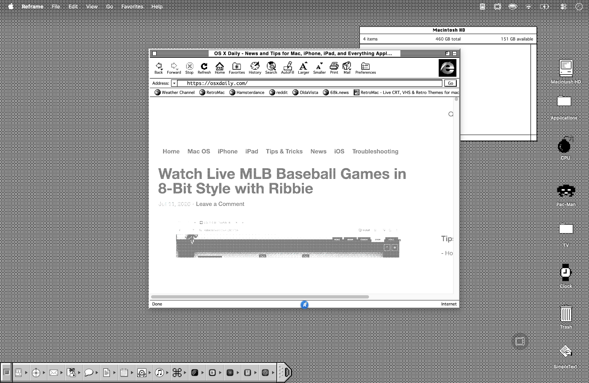 Classic Mac System 6 desktop theme on macOS with monochrome menu bar and platinum icons