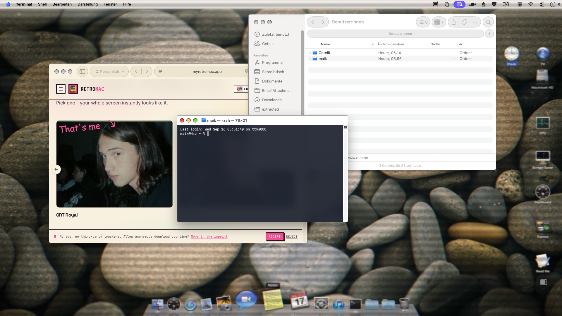 The same Snow Leopard desktop with a live CRT shader applied across the dock and screen