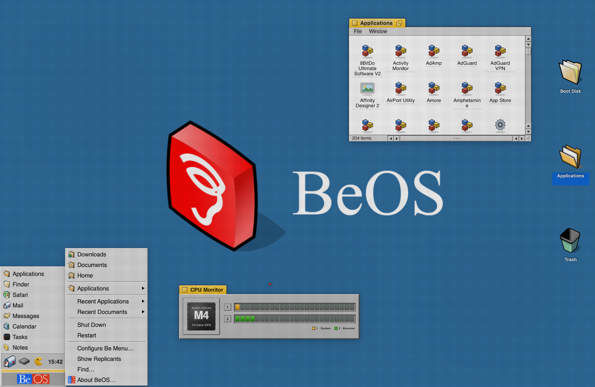 BeOS desktop theme on macOS with deep teal background and the vertical Deskbar