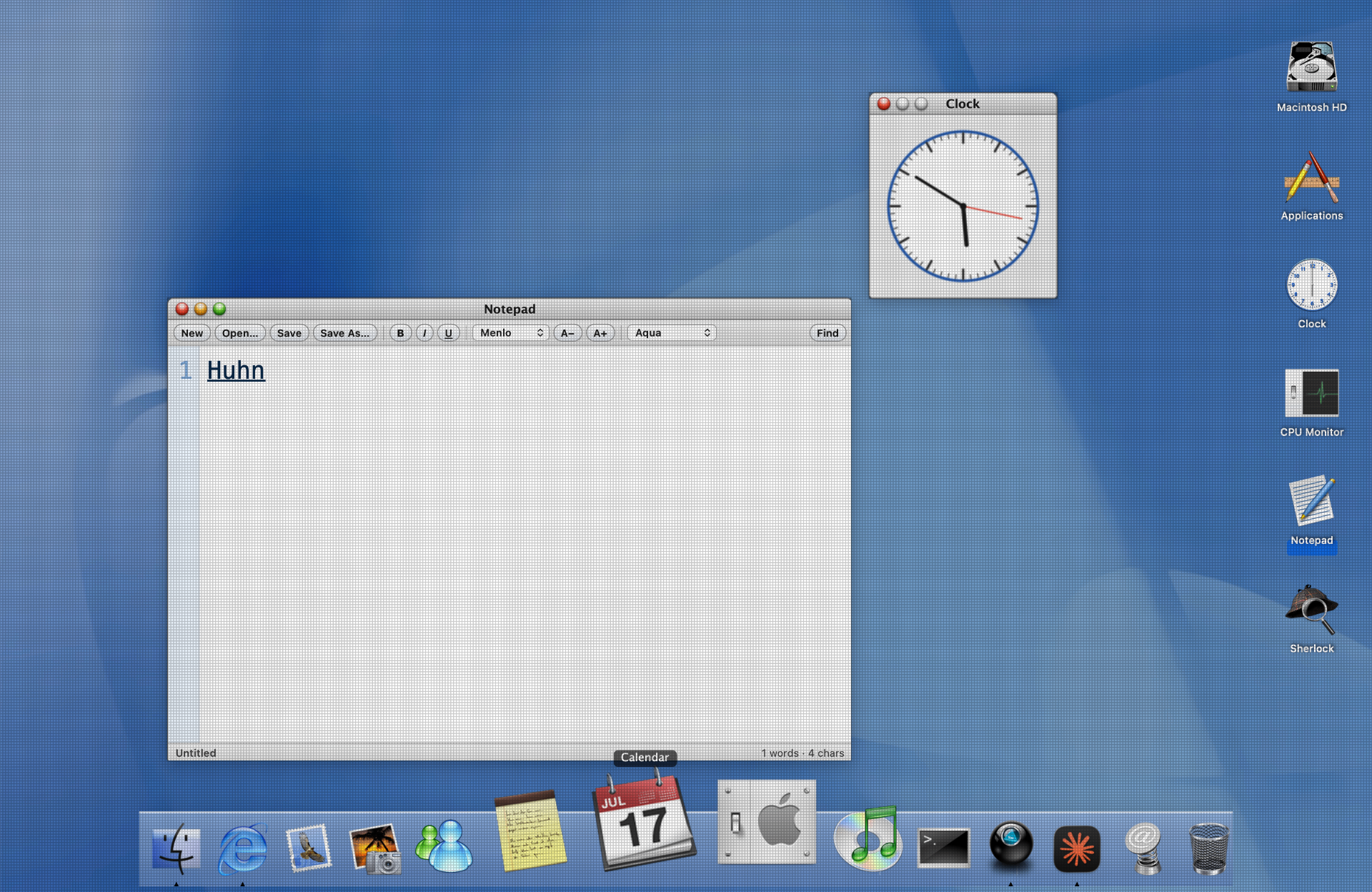 Classic Mac OS X Aqua desktop theme on modern macOS with brushed metal, traffic-light buttons and the original dock