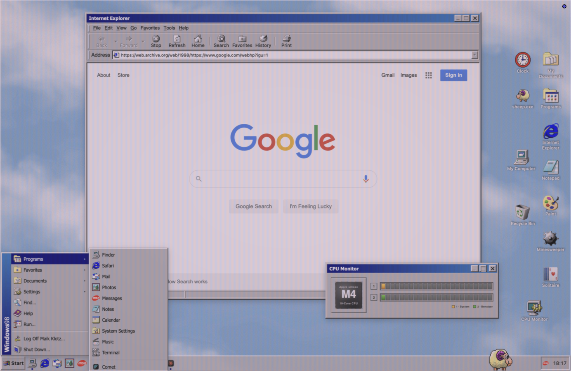 Windows 98 desktop theme running on macOS via RetroMac, with the Start menu and taskbar